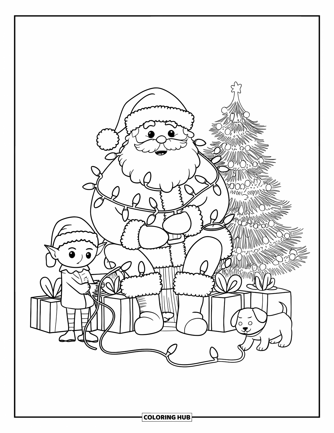 Santa Coloring Page for Adults: An elf giggles as Santa struggles with tangled Christmas lights on a pile of gifts