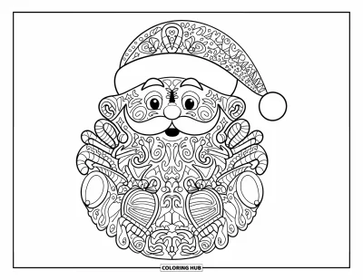 Coloriage de Père Noël pour adultes : Un design du Père Noël très détaillé entouré de doodles de Noël, parfait pour un moment créatif de fête