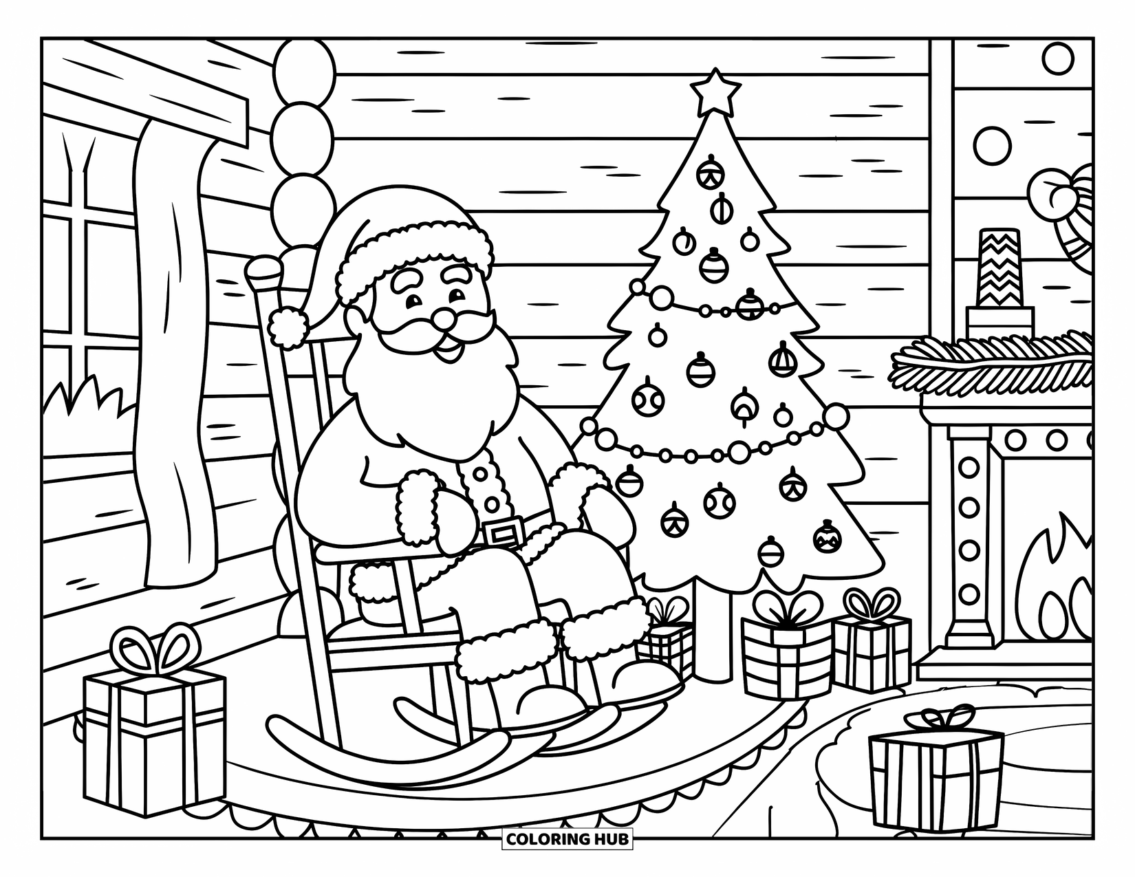 Santa Coloring Page for Adults: Inside Santa's cabin, stockings hang by the fire as he enjoys a peaceful holiday moment