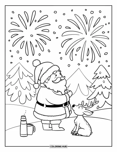 Coloriage de Père Noël pour adultes : Le Père Noël et un petit renne regardent un ciel rempli de feux d'artifice colorés