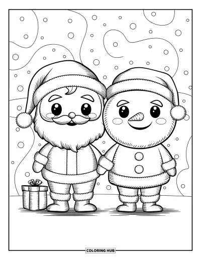 Coloriage de Père Noël pour adultes : Le Père Noël et un bonhomme de neige sourient chaleureusement à côté d'un tas de cadeaux emballés