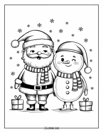 Coloriage de Père Noël pour adultes : Le Père Noël et un bonhomme de neige se tiennent ensemble, entourés de flocons qui tombent doucement