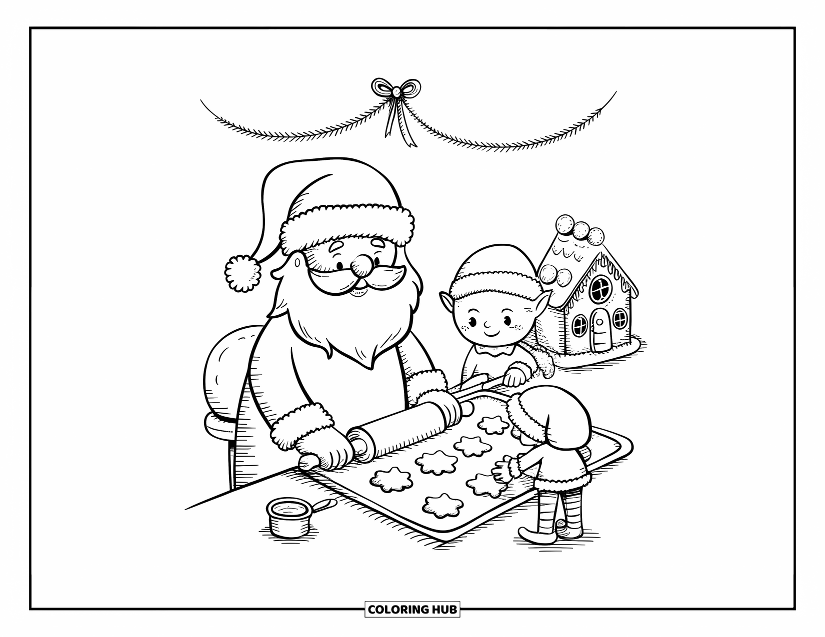 Santa Coloring Page for Adults: Santa and an elf bake cookies together, decorating a gingerbread house nearby