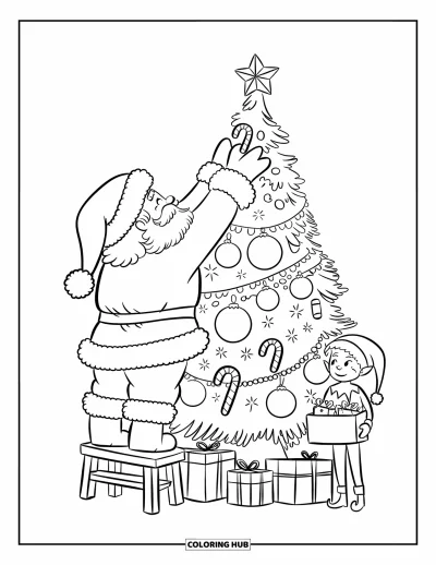 Coloriage de Père Noël pour adultes : Le Père Noël et un lutin décorent un arbre géant, entourés de cadeaux et de lumières éparpillés