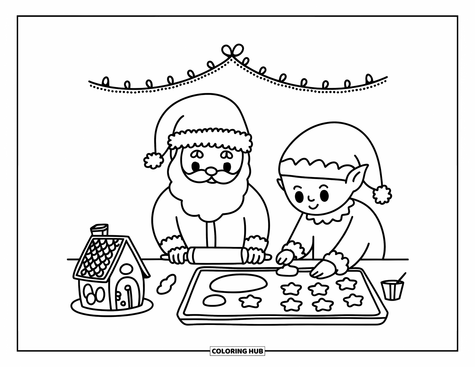 Santa Coloring Page for Adults: Santa and an elf prepare holiday cookies under a garland of twinkling lights