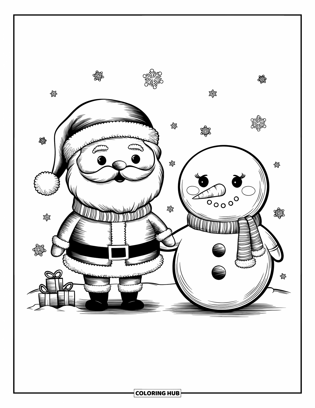 Santa Coloring Page for Adults: Santa and his snowman friend hold hands, sharing a festive winter moment