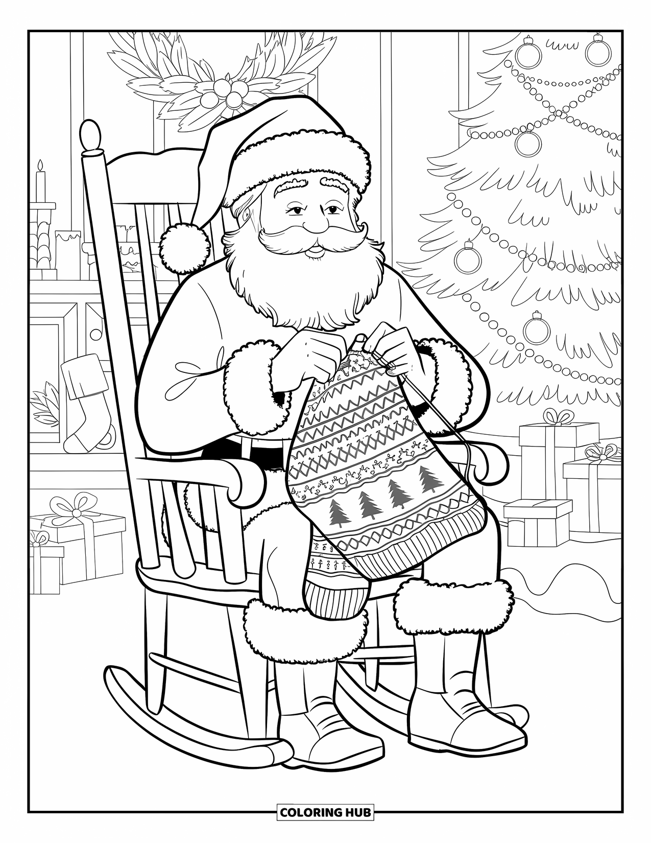 Santa Coloring Page for Adults: Santa carefully knits a cozy Christmas sweater, surrounded by festive decorations
