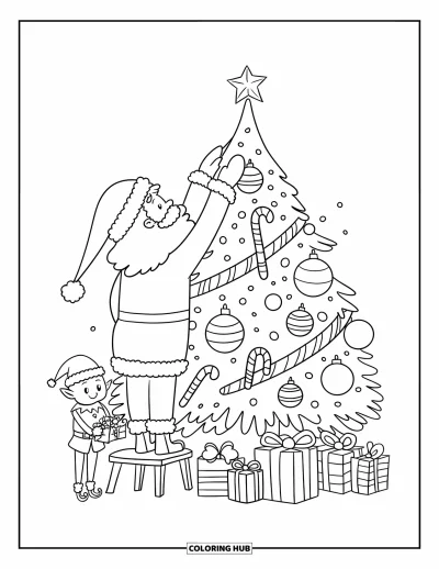 Coloriage de Père Noël pour adultes : Le Père Noël place soigneusement une étoile brillante au sommet d'un immense sapin de Noël, avec l'aide d'un lutin
