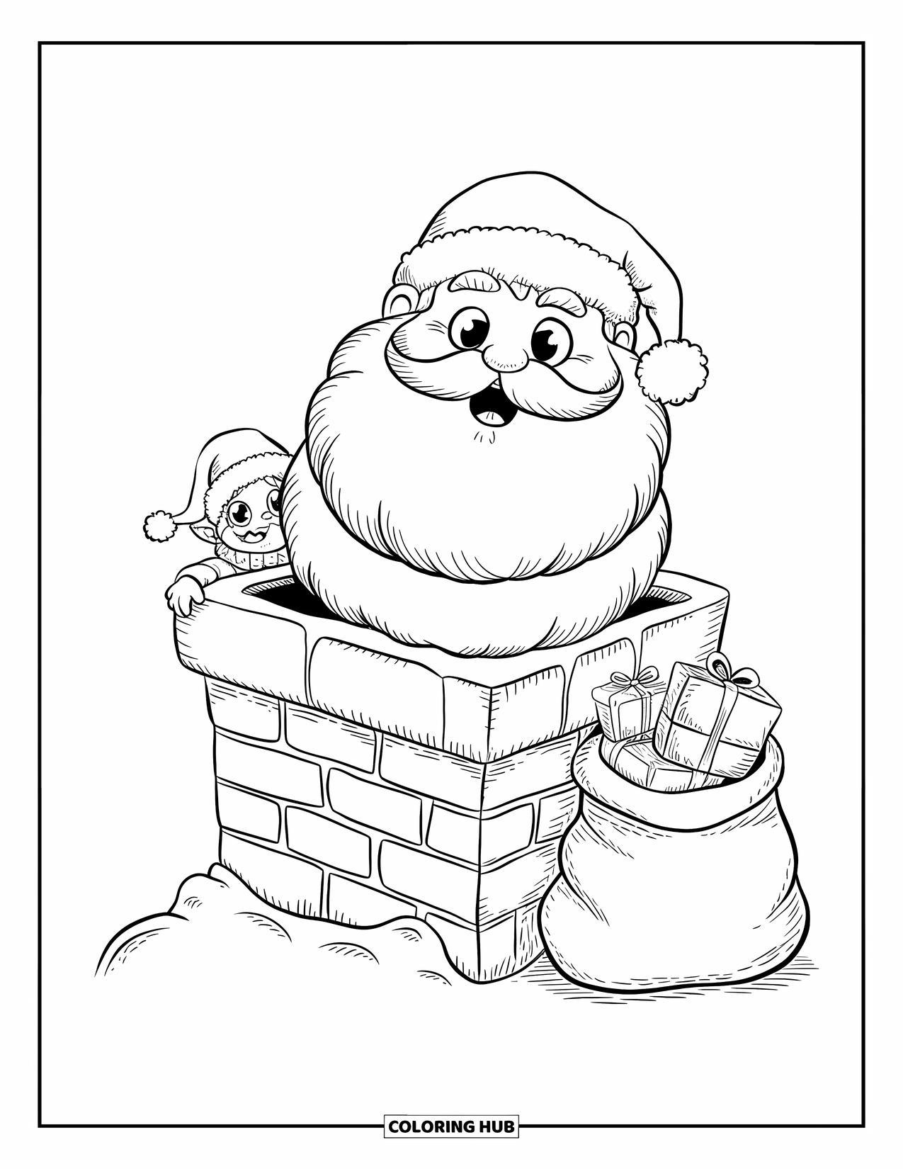 Santa Coloring Page for Adults: Santa clings to a chimney, looking surprised as an elf tries to help him down