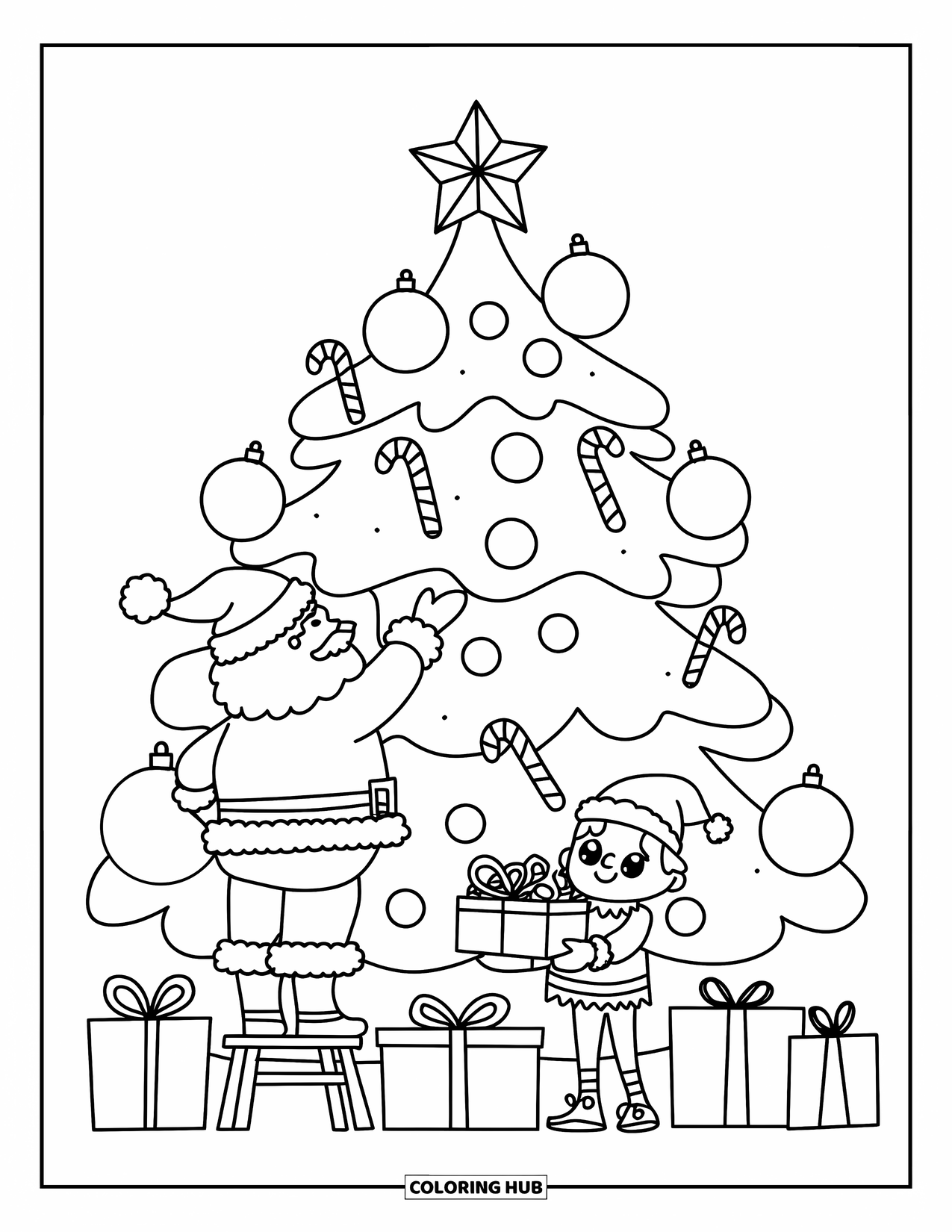 Santa Coloring Page for Adults: Santa decorates a towering Christmas tree, with an elf handing him ornaments
