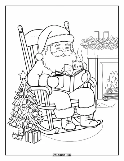 Coloriage de Père Noël pour adultes : Le Père Noël profite d'un moment paisible près du feu en lisant, avec un chaton roulé en boule à côté