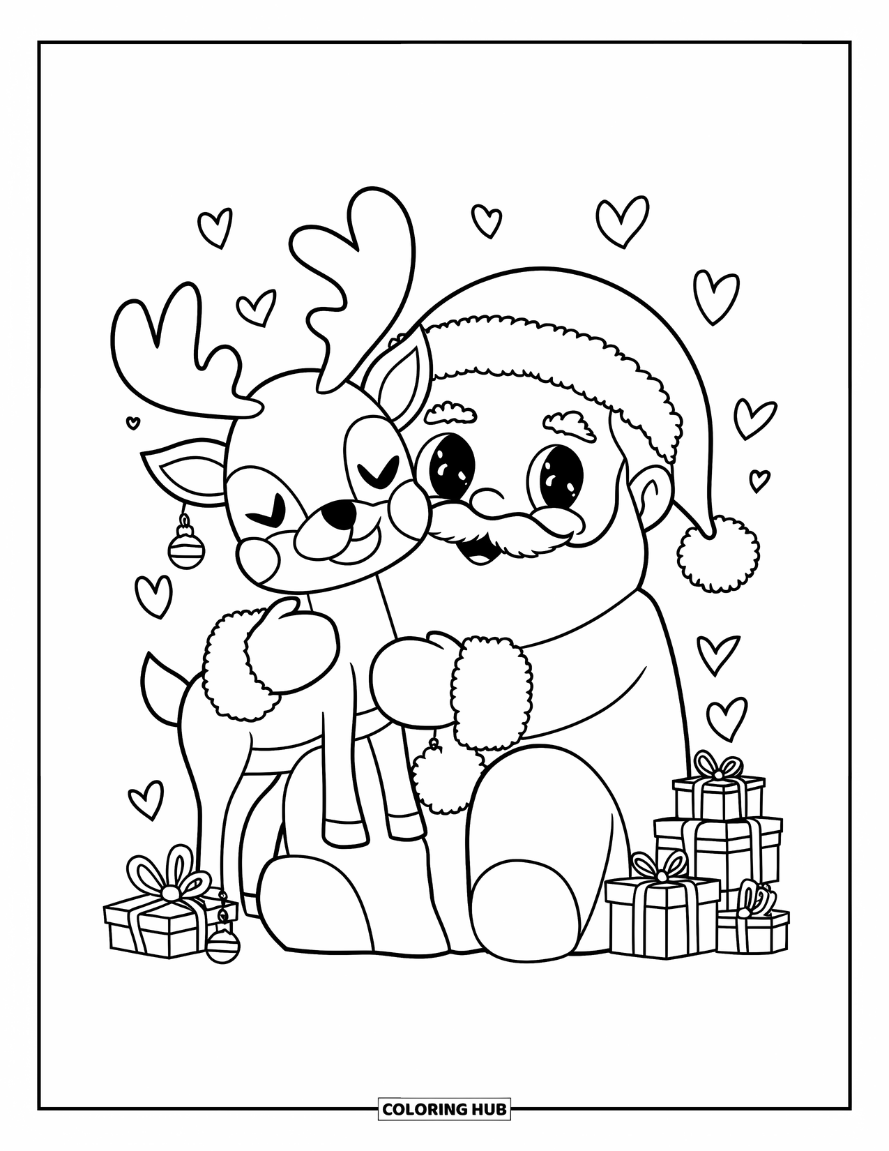 Santa Coloring Page for Adults: Santa hugs a tiny reindeer, its big antlers decorated with dangling ornaments