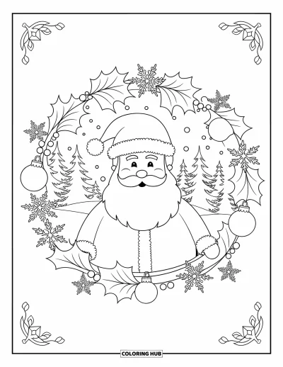 Coloriage de Père Noël pour adultes : Le Père Noël est encerclé de houx, de flocons et d'ornements dans un design magnifiquement détaillé