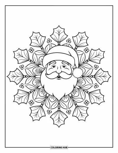 Coloriage de Père Noël pour adultes : Le Père Noël est entouré d'un mandala de feuilles de houx, de flocons et d'ornements festifs