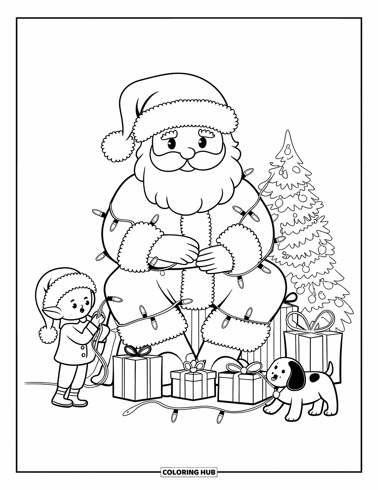 Santa Coloring Page for Adults: Santa is tangled in Christmas lights while an elf holds the plug in confusion