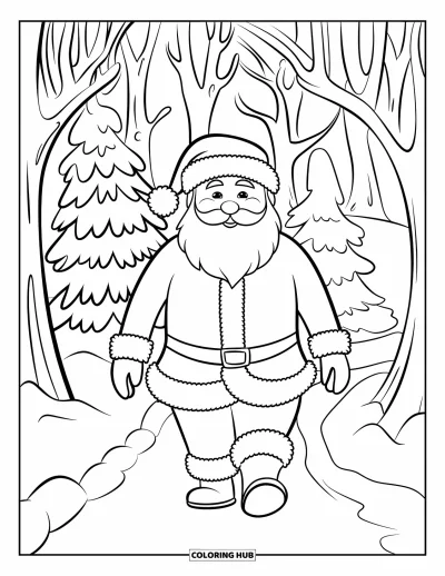 Coloriage de Père Noël pour adultes : Le Père Noël traverse une forêt d'hiver dense, pleine de grands arbres couverts de neige
