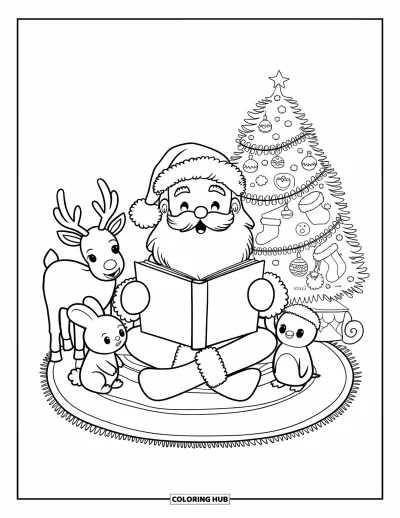 Coloriage de Père Noël pour adultes : Le Père Noël lit une histoire de Noël à un groupe d'animaux câlins rassemblés autour de lui