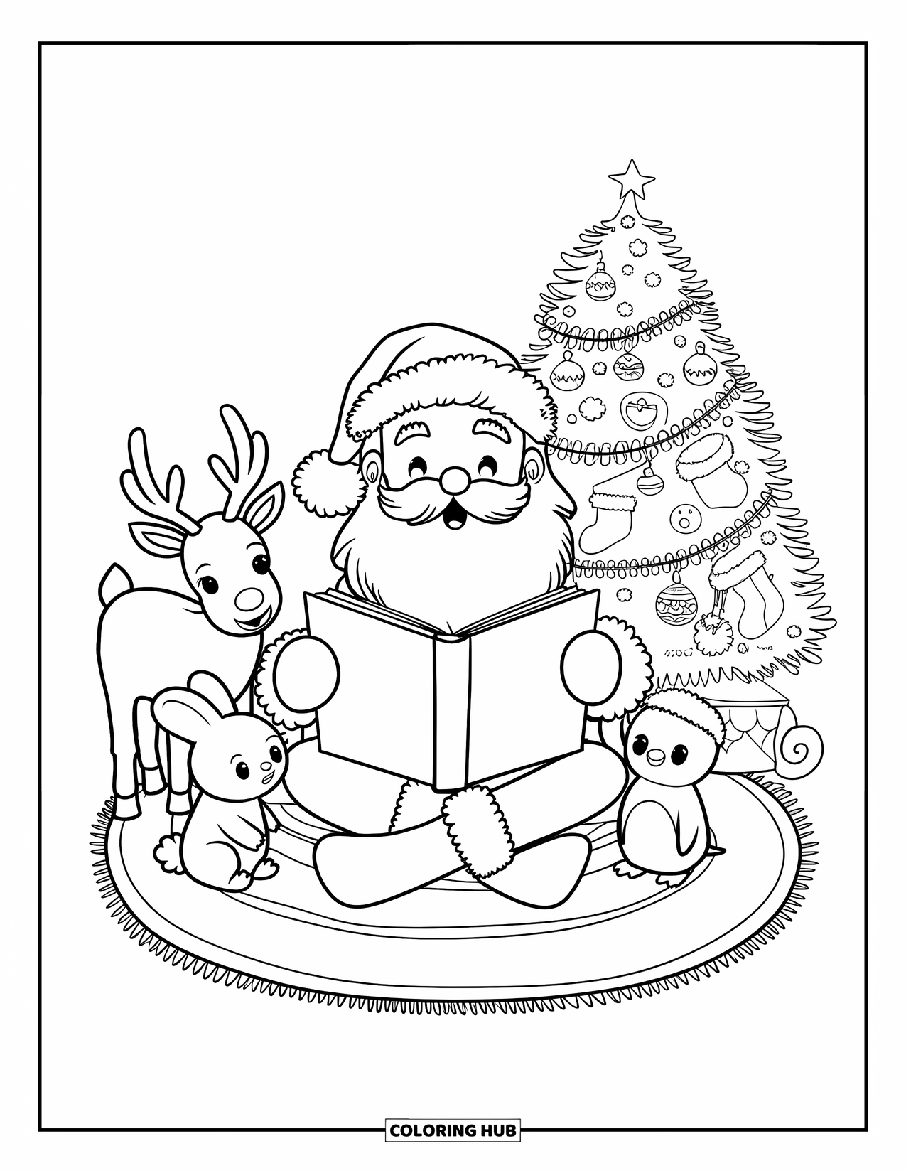 Santa Coloring Page for Adults: Santa reads a Christmas story to a group of cuddly animals gathered around him