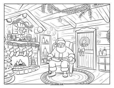Coloriage de Père Noël pour adultes : Le Père Noël se repose dans un fauteuil à bascule et profite de la chaleur de sa cabine décorée pour les fêtes