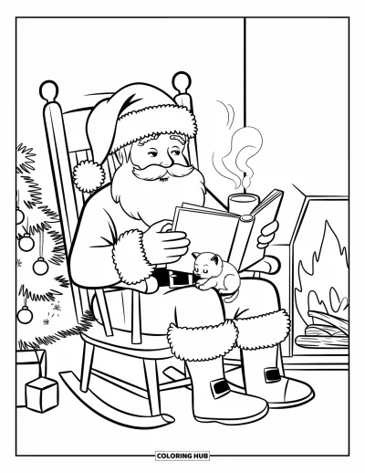 Coloriage de Père Noël pour adultes : Le Père Noël se détend dans un fauteuil à bascule, boit une boisson chaude avec un chaton sur les genoux