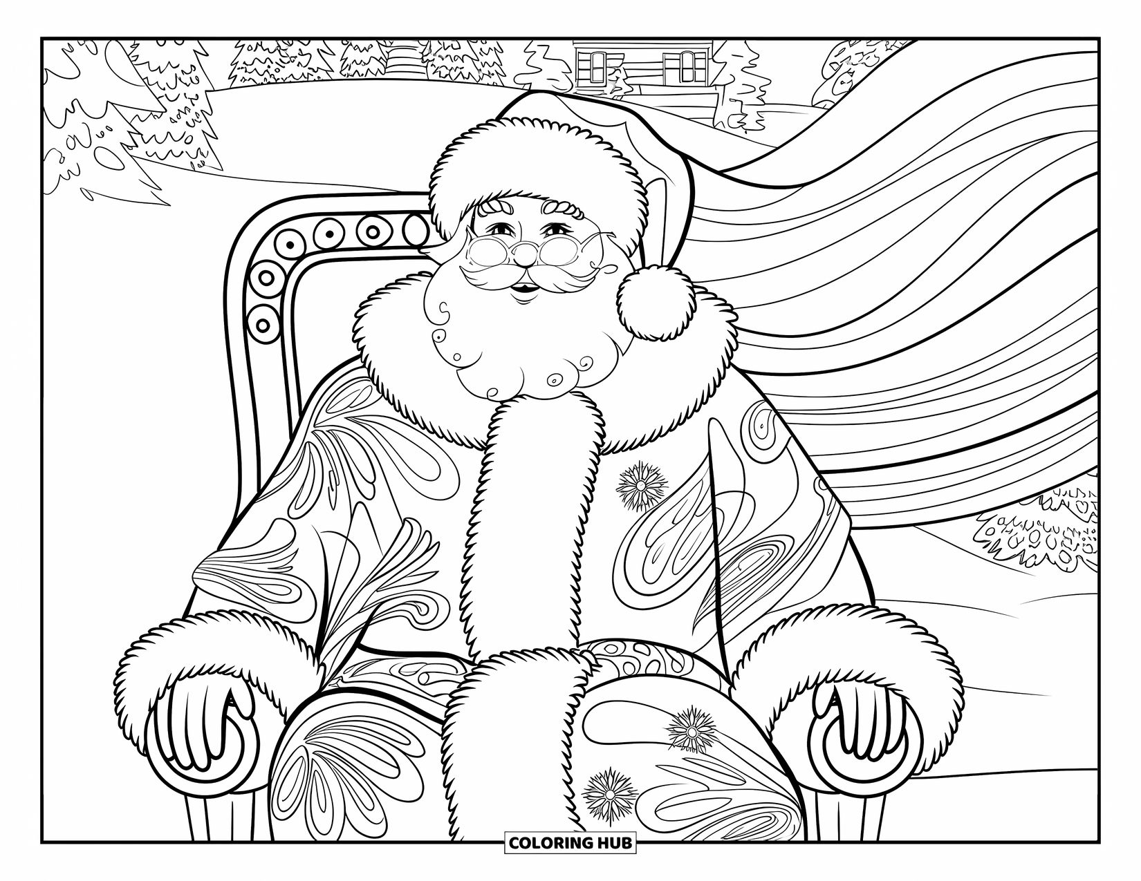 Santa Coloring Page for Adults: Santa relaxes in an ornate chair, his detailed robes filled with swirling Christmas patterns