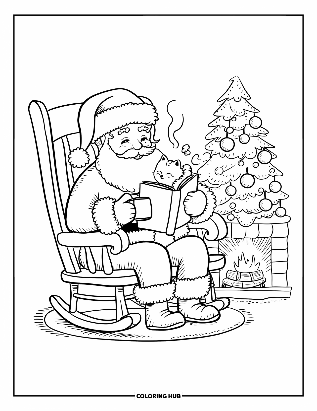 Santa Coloring Page for Adults: Santa rests by a fireplace, enjoying a book and a cozy holiday atmosphere