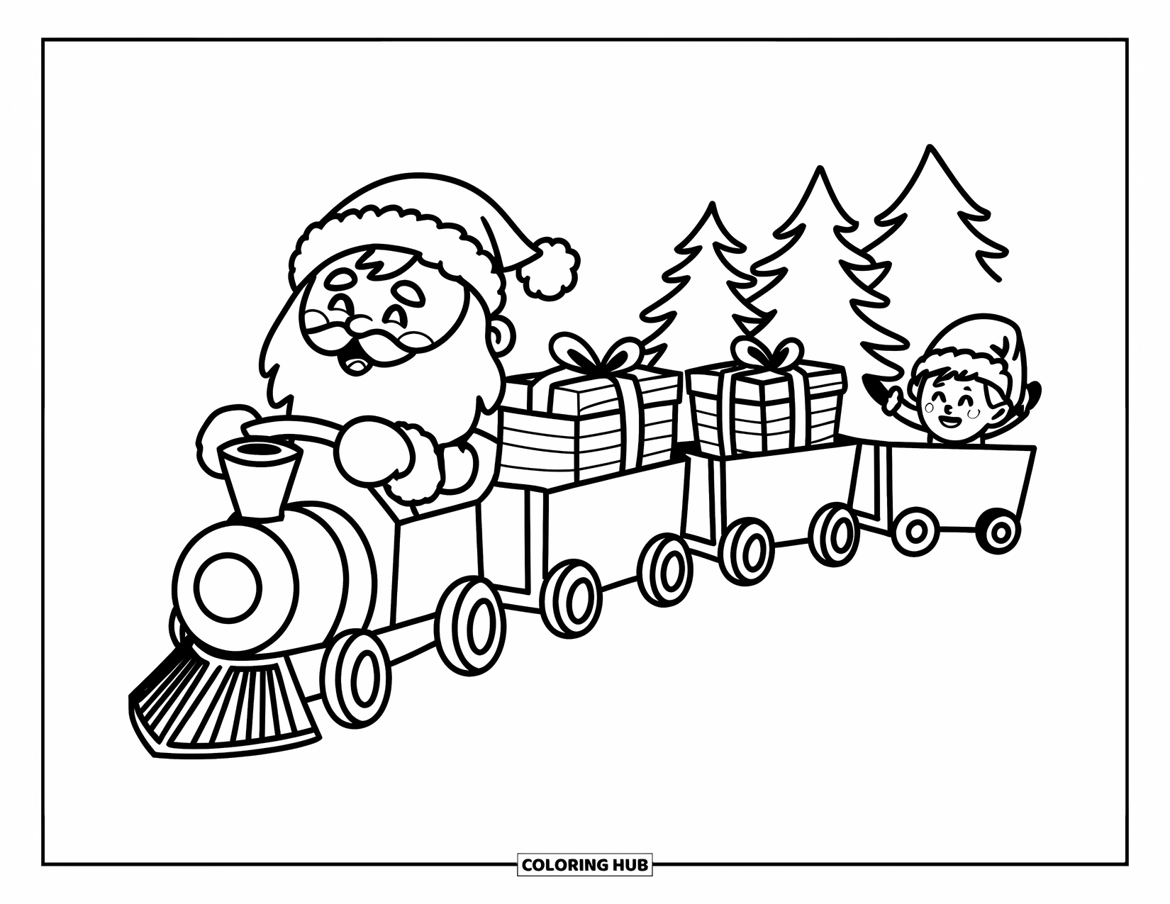 Santa Coloring Page for Adults: Santa rides a tiny toy train, delivering gifts with a joyful smile