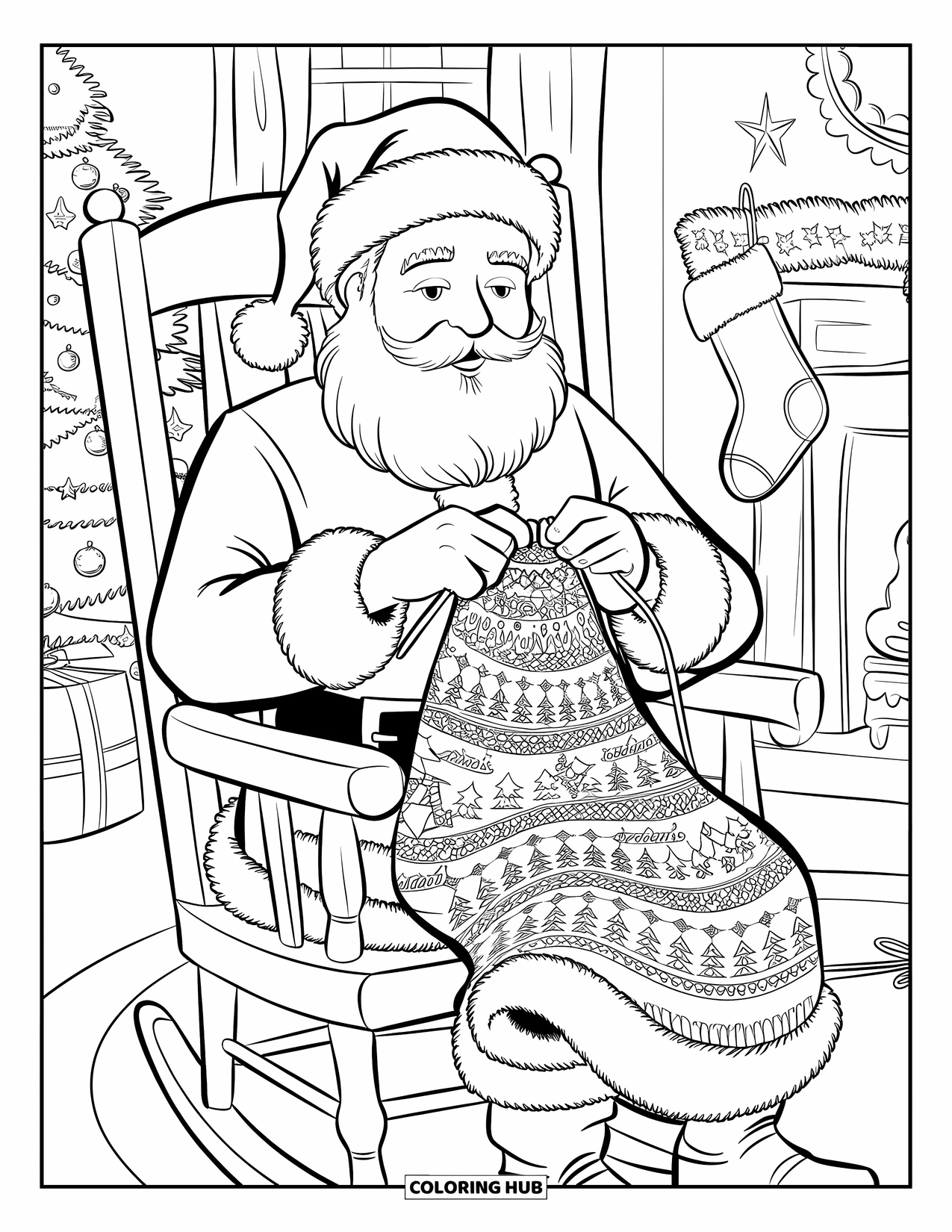 Santa Coloring Page for Adults: Santa rocks in his chair, knitting a sweater filled with Christmas trees and snowflakes