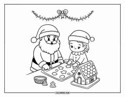 Coloriage de Père Noël pour adultes : Le Père Noël étale la pâte pendant qu'un lutin dépose soigneusement des biscuits sur un plateau