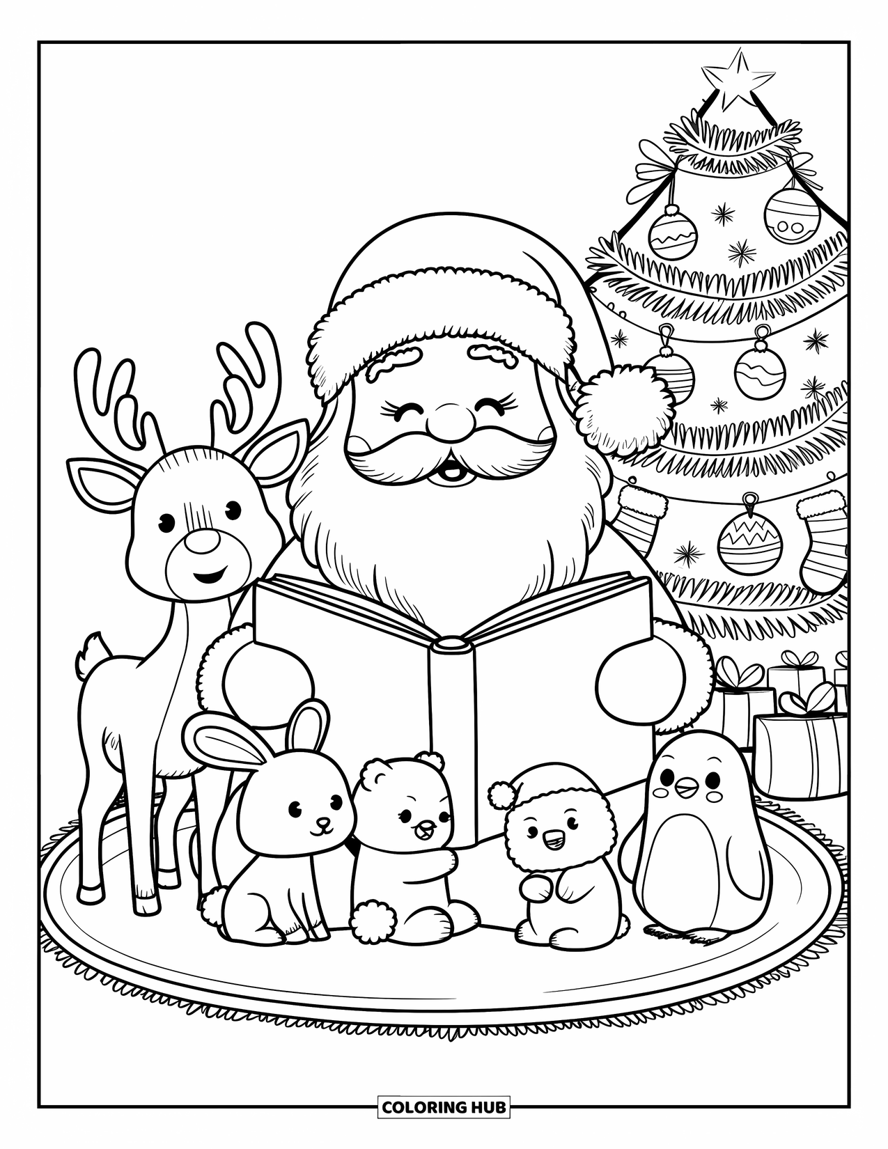 Santa Coloring Page for Adults: Santa shares a Christmas story with a reindeer, bunny, bear, and penguin