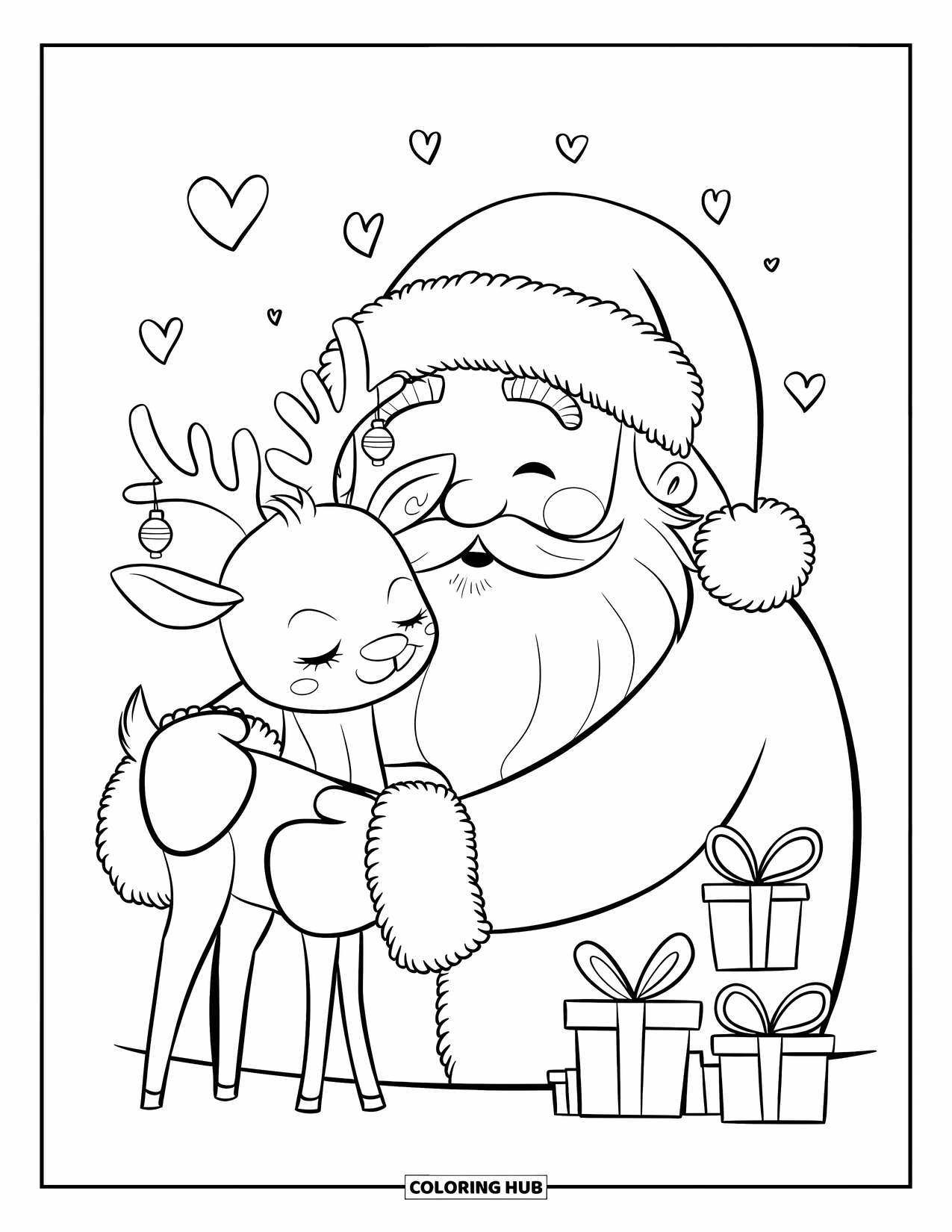 Santa Coloring Page for Adults: Santa shares a warm hug with a tiny reindeer, nestled against his fluffy beard