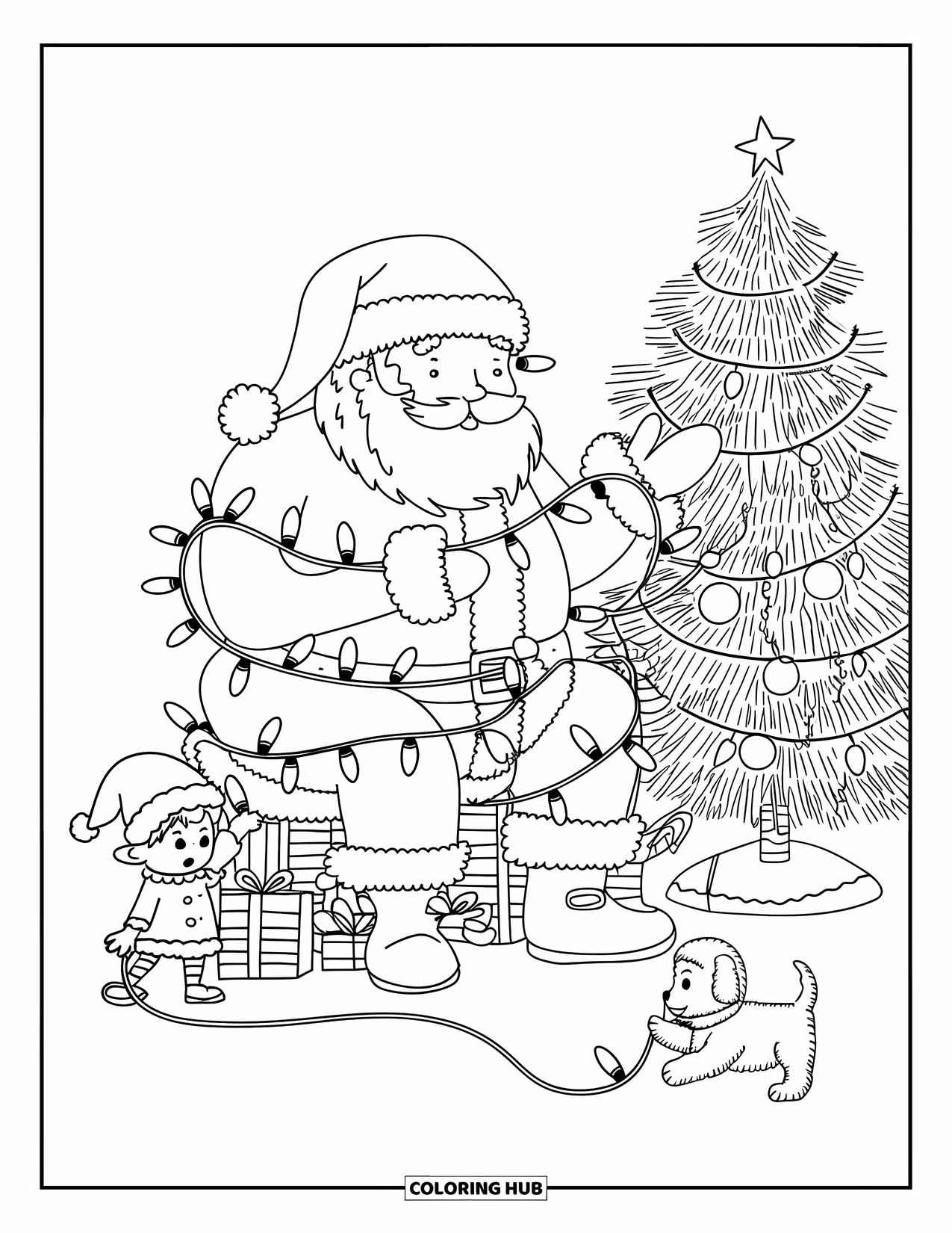 Santa Coloring Page for Adults: Santa sits among presents, stuck in a tangle of holiday lights and laughter