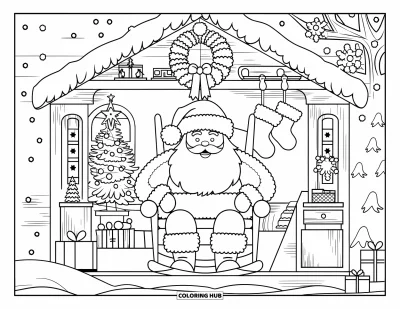 Coloriage de Père Noël pour adultes : Le Père Noël est assis dans une cabine douillette, entouré de décorations de Noël et d'une cheminée lumineuse