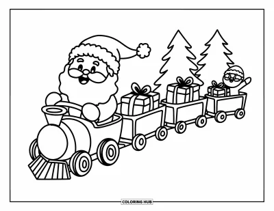 Coloriage de Père Noël pour adultes : Le Père Noël est assis dans un train jouet et livre joyeusement des cadeaux dans un paysage enneigé
