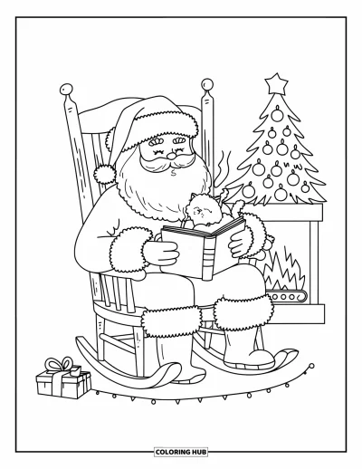 Coloriage de Père Noël pour adultes : Le Père Noël est assis dans son fauteuil à bascule, tenant une tasse fumante et un livre de Noël