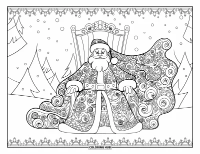 Coloriage de Père Noël pour adultes : Le Père Noël est assis sur un grand trône, ses robes fluides couvertes de motifs festifs complexes