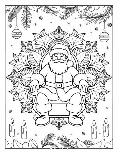 Coloriage de Père Noël pour adultes : Le Père Noël est assis sur un trône, entouré d'un mandala détaillé de décorations de fête