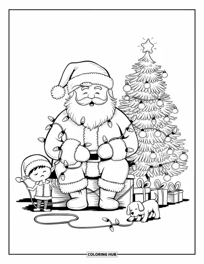 Coloriage de Père Noël pour adultes : Le Père Noël est assis sur des cadeaux, entouré de guirlandes lumineuses pendant qu'un petit chiot joue