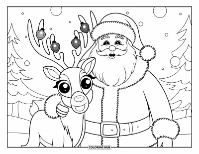 Coloriage de Père Noël pour adultes : Le Père Noël sourit à côté d'un renne magique, ses bois décorés de lumières de Noël