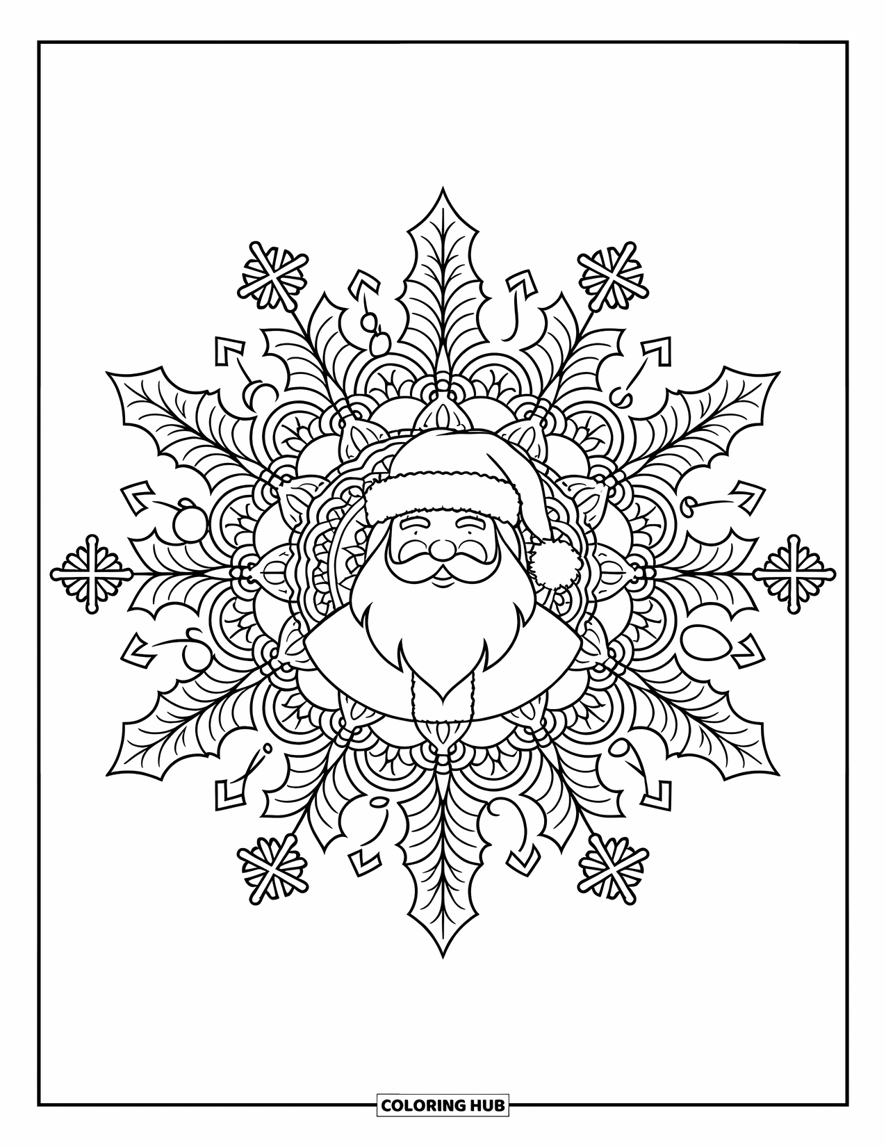 Santa Coloring Page for Adults: Santa stands at the center of an intricate mandala filled with Christmas-themed patterns