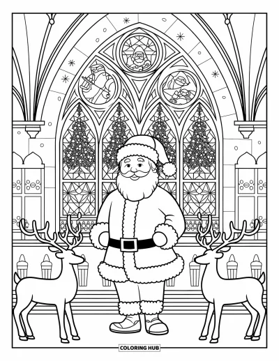Coloriage de Père Noël pour adultes : Le Père Noël se tient sous un magnifique vitrail dans son grand atelier de fête