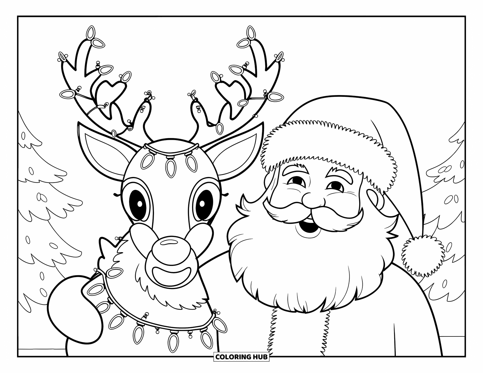 Santa Coloring Page for Adults: Santa stands beside a mystical reindeer with glowing antlers wrapped in Christmas lights