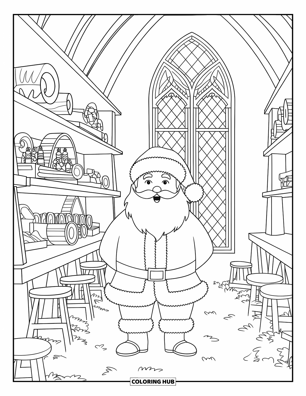 Santa Coloring Page for Adults: Santa stands in a grand workshop with cathedral-like windows and holiday decorations