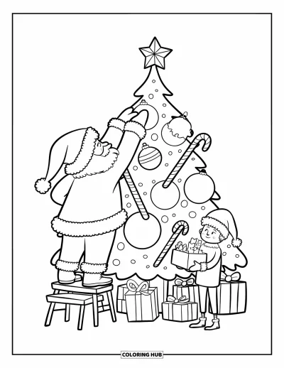 Coloriage de Père Noël pour adultes : Le Père Noël monte sur un tabouret pour placer une étoile au sommet d'un sapin de Noël géant