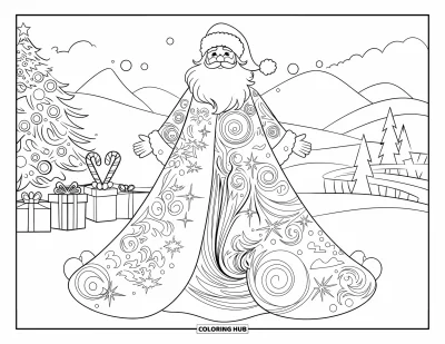 Coloriage de Père Noël pour adultes : Le Père Noël se tient fièrement, ses robes en volutes remplies de motifs festifs et de magie de Noël