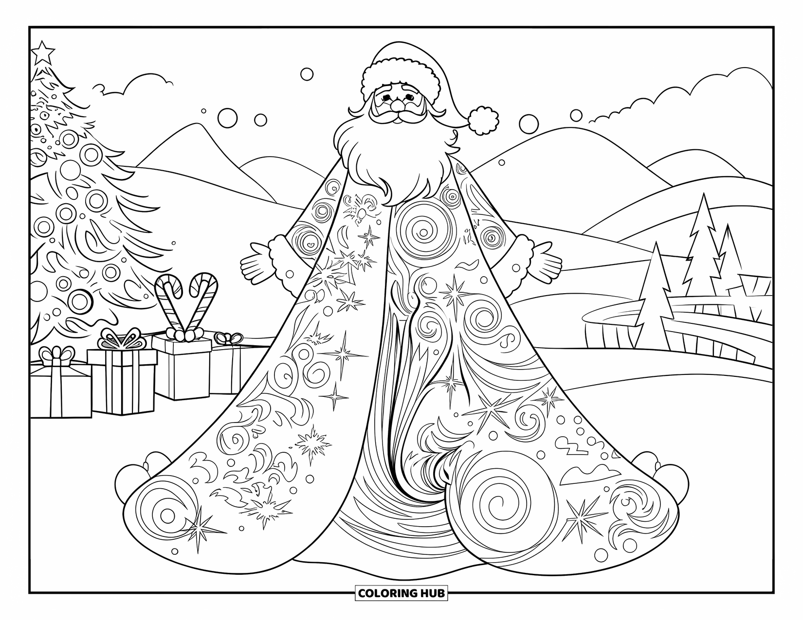 Santa Coloring Page for Adults: Santa stands proudly, his swirling robes filled with festive designs and holiday magic