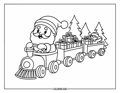 Coloriage de Père Noël pour adultes : Le Père Noël conduit un petit train de jouets rempli de cadeaux pendant qu'un lutin salue à l'arrière