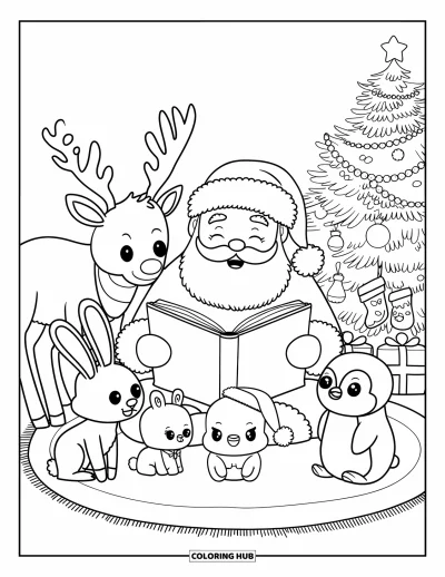 Coloriage de Père Noël pour adultes : Le Père Noël raconte une histoire de fête à ses amis de la forêt réunis autour d'un sapin lumineux