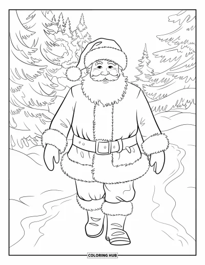 Coloriage de Père Noël pour adultes : Le Père Noël marche dans une forêt hivernale magnifiquement détaillée, entouré d'arbres enneigés