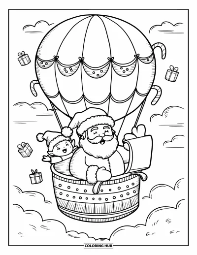 Coloriage de Père Noël pour adultes : Le Père Noël salue depuis un traîneau montgolfière, flottant dans de gros nuages avec un lutin enthousiaste